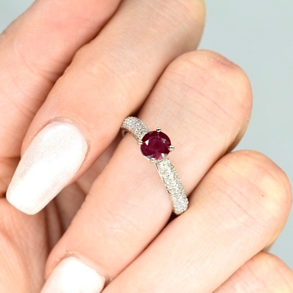 14K Ruby Diamond Ring - Genuine Ruby - 14K White Gold - Solitaire Ruby Ring - Ch - Picture 7 of 7
